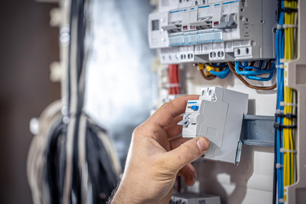 Zbliżenie na dłoń technika lub elektryka wkładającą biały wyłącznik nadprądowy (bezpiecznik) do szyny wewnątrz tablicy rozdzielczej (skrzynki z bezpiecznikami). Wokół widoczne są kolorowe przewody i inne elementy modułowe.