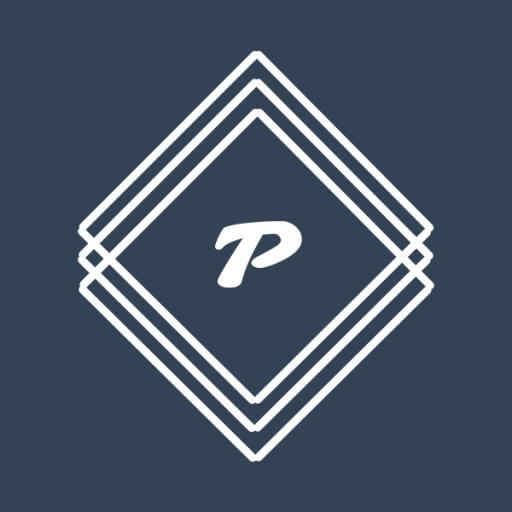 Logo na ciemnoniebieskim tle, przedstawiające trzy nałożone na siebie, białe, romboidalne ramki, tworzące efekt głębi. W centrum logo znajduje się pogrubiona, stylizowana biała litera "P".